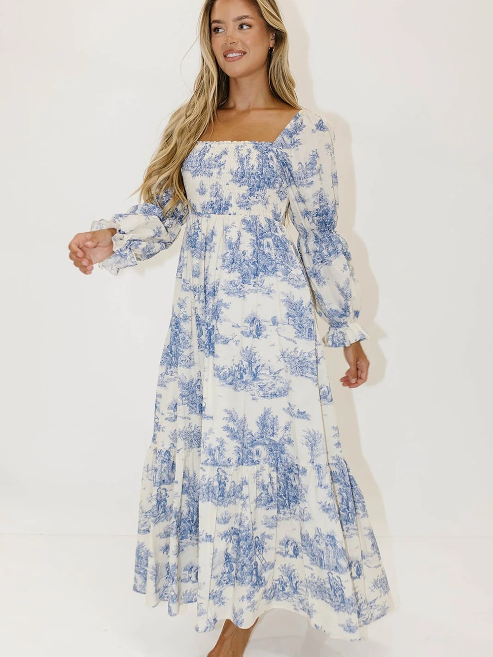 Smocked Square-Neck Blue Toile Maxi Dress - Women